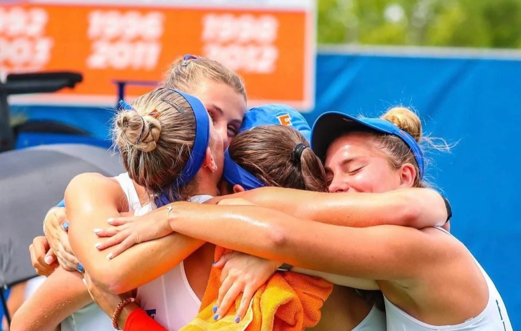 Tennis players hugging