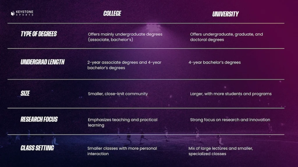 Infographic showing key differences between colleges and universities in the USA