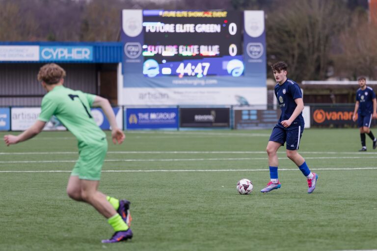 Two male soccer players competing