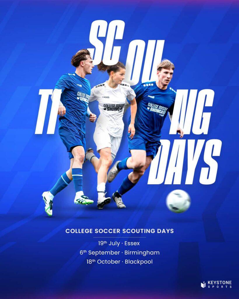 Scouting Days Suymmer 2026 poster design with three players, two boys and a girl, playing soccer.