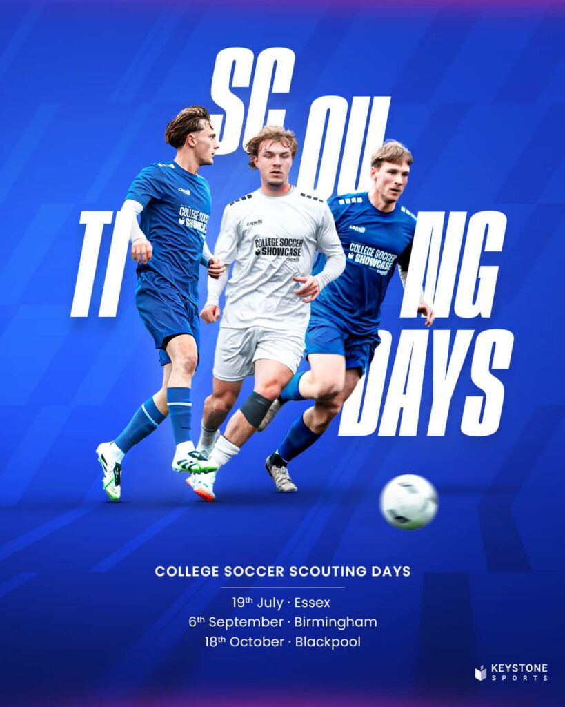 Scouting Days Summer image promoting the events. Uses typography that says "scouting days" with three soccer players on front.